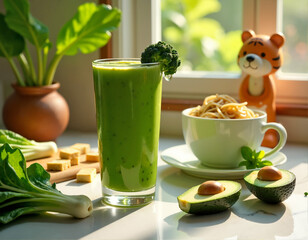 A tall glass of green smoothie, avocado halves, and a bowl of spaghetti with a stuffed tiger toy are arranged on a white countertop, accompanied by fresh vegetables.