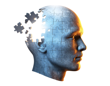 Surreal Human Head Puzzle with Floating Pieces and Golden Glow