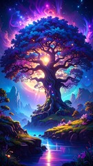 Mystical tree bathed in vibrant, otherworldly light, with a luminous moon and starry sky