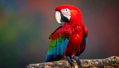 Fototapeta premium Beautiful tropical parrot with bright red green and blue feathers perched exotic bird on plain colorful background 