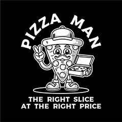 Funny cartoon pizza slice mascot with a mustache holding a delivery box, retro character design for a restaurant logo