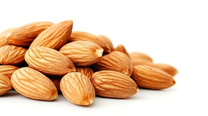 Fototapeta premium Pile of Raw Almonds on White Background, Healthy Snack, Macro View