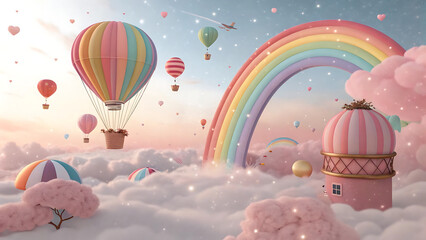 Colorful Hot Air Balloons Floating in Dreamlike Rainbow Sky with Clouds