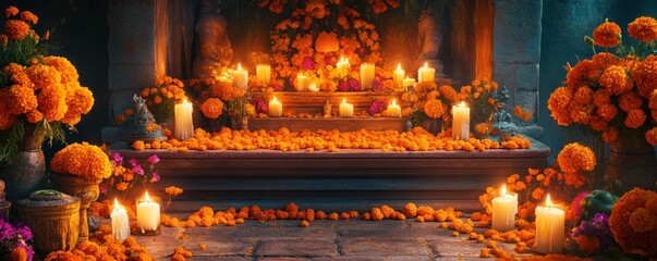 Day of the dead altar adorned with marigolds and candles in a warm remembrance