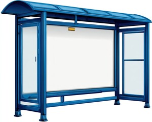A blue bus stop shelter with blank advertising board, glass panels, and a curved roof on a white background, providing a clean and simple image