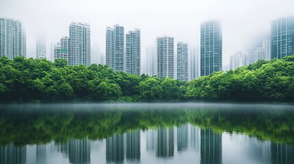 Urban landscape with lush green trees