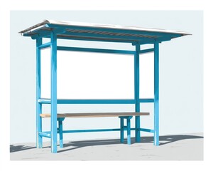A blue, open-air bus stop shelter with a bench and blank advertising spaces under a white roof, casting a shadow