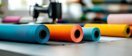 Colorful spools of thread in a sewing workspace, showcasing vibrant hues against a blurred background of crafting materials.