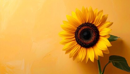 Bright sunflower with yellow petals green stem and detailed natural flower appearance on plain colorful background
