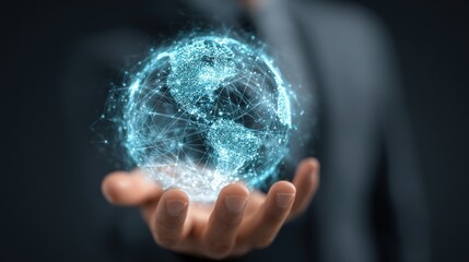 Abstract glowing blue globe is held in the palm of a hand, with connected network lines and points, in a dark background