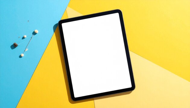 Modern tablet device with thin sleek design glossy display and portable digital technology on plain colorful background
