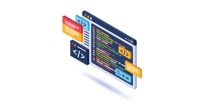 Isometric illustration of a software development interface with colorful code and UI elements.