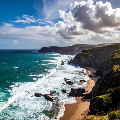 Dramatic coastline with crashing waves, rocky shore, and sandy beach under a vibrant sky