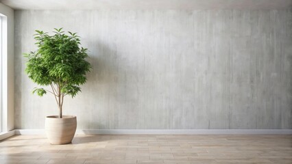 A potted leafy green tree stands serenely against a textured wall in a minimalist room with hardwood flooring