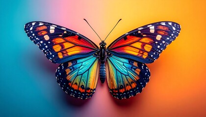 Bright butterfly with open wings detailed colorful patterns and delicate insect design on plain colorful background
