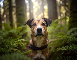 Dog in a sunlit forest