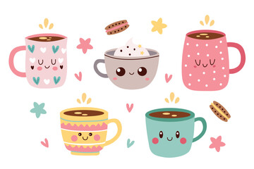 Cute Coffee cups and sweet treats. Set of Hand Drawn Coffee mugs in kawaii style. Cute mugs with various patterns and designs. Vector flat illustration. Isolated on white background.