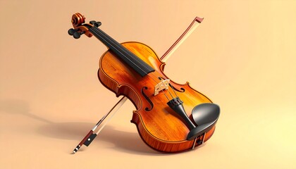 Classic violin with wooden body fine strings elegant bow and detailed music instrument design on plain colorful background

