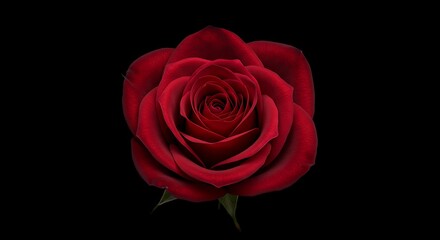 A single red rose with dark green sepals is centered on a solid black background in a close up shot