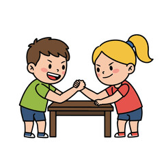 Vintage-style illustration of a boy and girl arm wrestling over a table with a playful mood.