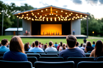 A lively outdoor theater performance with a seated audience enjoying the show under soft lighting and a scenic backdrop.