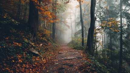 Fototapeta premium Autumn hike through misty forest trail nature photography peaceful environment scenic viewpoint