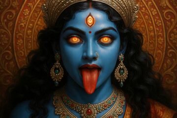 A vibrant close-up portrait of the blue-skinned goddess kali with glowing orange eyes and a third eye for kali puja and shyama puja celebrations