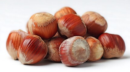 Obraz premium Pile of Whole Hazelnuts with Shells on White Background Macro Shot Detail