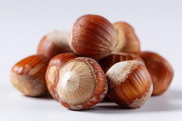 Fototapeta premium Pile of Whole Hazelnuts, Brown Shells, and One HalfOpen Hazelnut on White Background