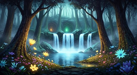 Waterfall in Enchanted Forest with Flowers