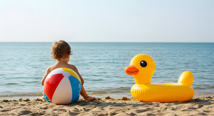 Child Sitting on Sandy Beach with Colorful Beach Ball and Inflatable Duck Enjoying Summer Day
