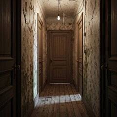 Eerie Abandoned Hallway with Peeling Wallpaper, Cracked Ceiling, and Dim Light Bulb, Evoking Mystery and Decay in an Old, Forgotten House