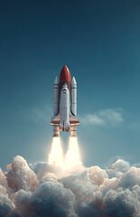 A vertical composition of a rocket ascending through voluminous clouds against a gradient of blue sky