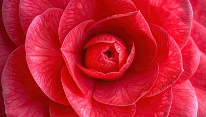 Detailed Close Up of a Vibrant Red Camellia Flower with Intricate Petal Patterns and Textured Surface Filling the Frame in Sharp Focus