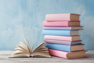 Stack of pastel-colored books leans on distressed wood surface near an open book, against a dreamy, textured blue backdrop