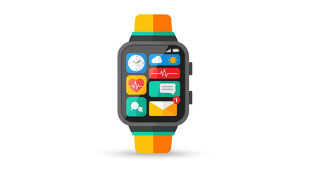 A modern smartwatch with a colorful striped wristband and a screen displaying various app icons.