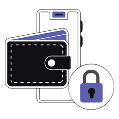 Obraz premium Vector art of digital wallet with credit cards and a padlock icon, representing secure online payment and financial transaction security on a