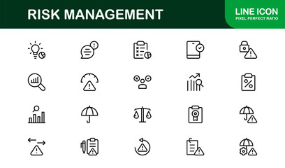 Professional Risk Management Icons with Minimal Line Art Covering Safety, Strategy, Compliance, and Analysis