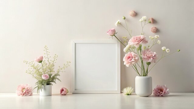 Elegant floral arrangement with a blank frame for text or image, perfect for springtime announcements or delicate design projects.