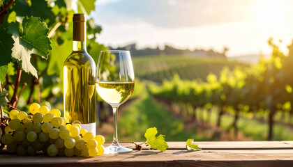 Fototapeta premium Wine Bottle and Glass with Grapes on a Rustic Table at Sunset