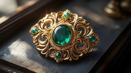 Obraz premium A glamorous gold brooch with an oval-shaped green gemstone, decorated with smaller green gems, sparkles on a dark wooden tray, shining in the light of day.