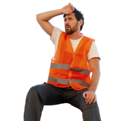Tired construction worker wiping sweat from forehead on transparent background