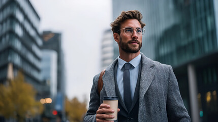 Stylish Urban Commute: A focused professional walks purposefully through a modern cityscape, coffee cup in hand, his gaze set on a successful future.