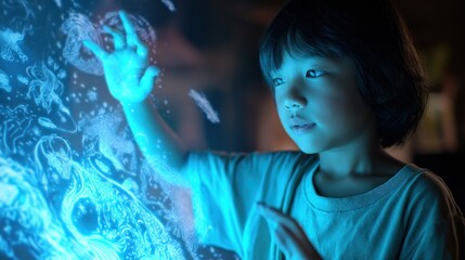 Child interacts with glowing, ethereal display