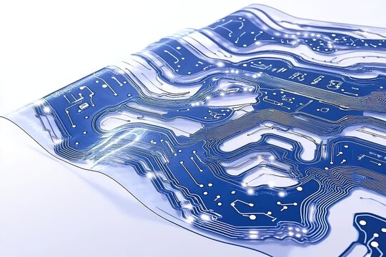 Blue electronic flex circuit board curled to a roll artistic design, transparent membrane with organic flowing lines, close-up view on white background