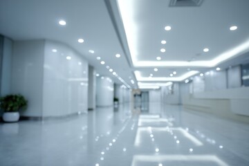 Abstract, blurry shot of an indoor space with reflective marble floors, bright white walls, and recessed lighting, suggesting a modern office or hospital setting