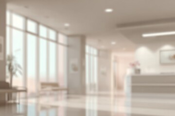 Out-of-focus modern lobby. Polished floor, large windows, reception desk, seating area; creating a bright, sterile, and professional interior
