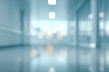 Blurry, light-filled corridor with pale blues and whites. Bokeh lights create a soft, ethereal feel. Polished floor reflects the hallway's glow