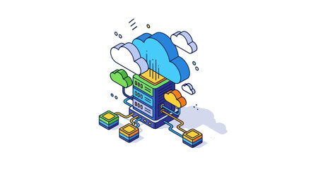 Isometric illustration of cloud computing technology with a central server rack and network.