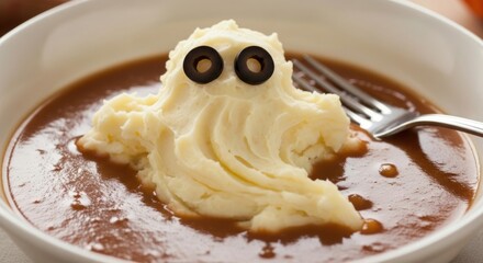 Mashed potato ghost with olive eyes floating in gravy bowl for halloween dinner